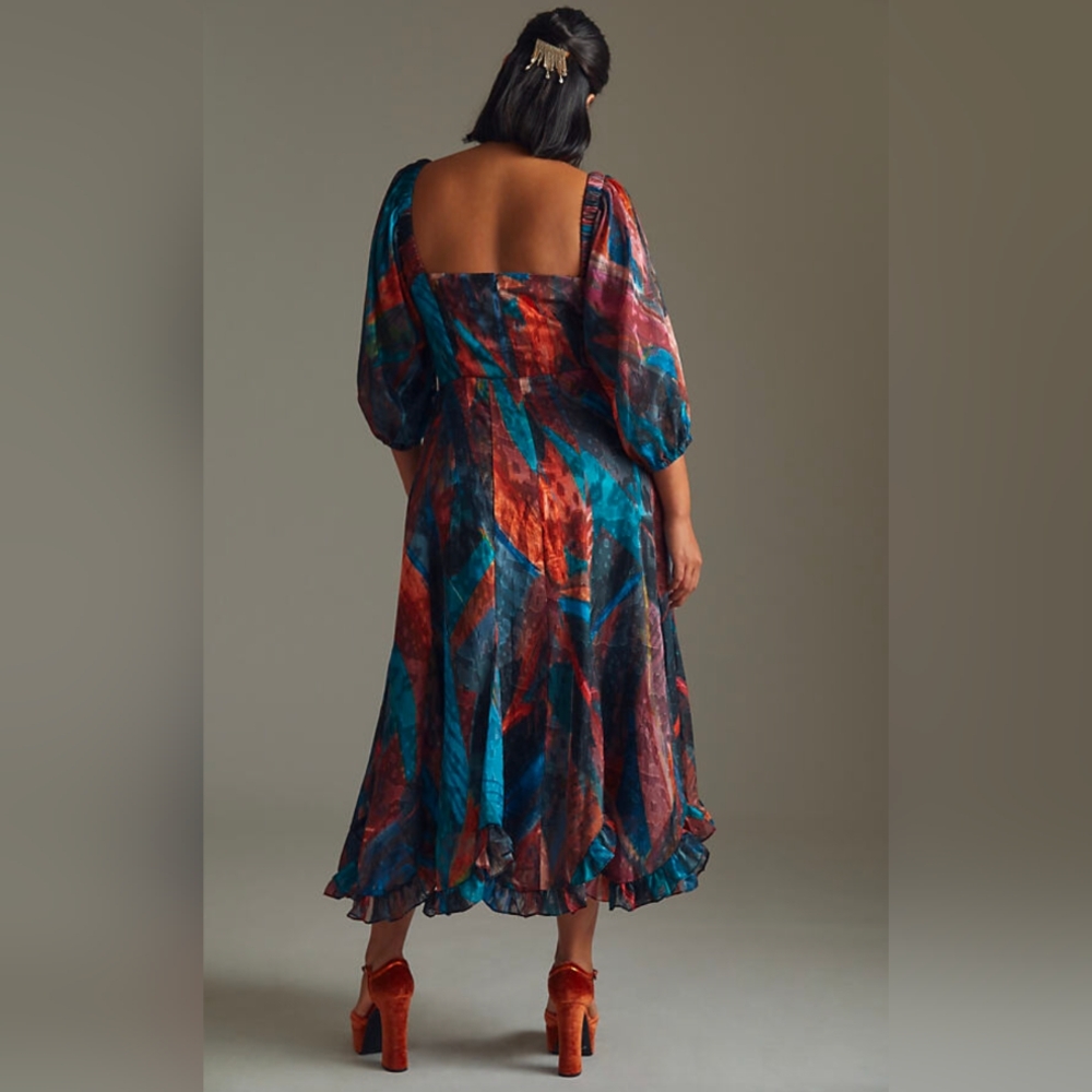 NWOT Anthropologie Hutch Printed Twist-Front Puff-Sleeve Ruffle-Hem Dress  12P - Picture 3 of 6